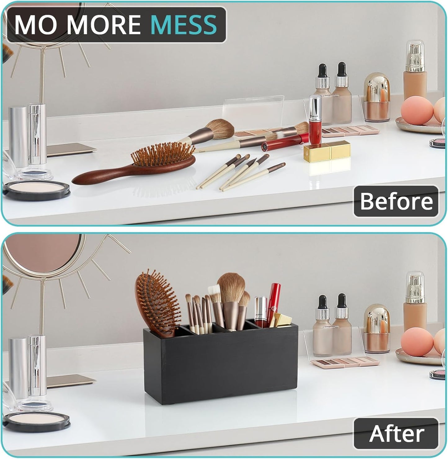 Bivvclaz Pencil Pen Holder for Desk, Acacia Wood Office Desk Organizers and Accessories with 4 Slots for Countertop, Makeup Brush Holder Organizer for Bathroom Vanity, Silverware Caddy for Party
