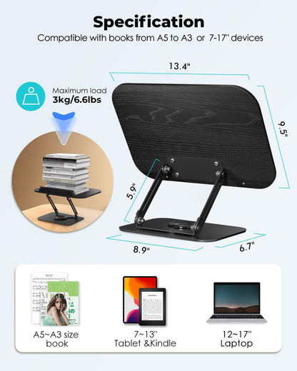 Viozon Book Stand for Reading,Book Holder, Height&Angle Adjustable, 360° Rotating Base, Foldable and Portable, Lightweight for Office, Kitchen, School Textbook, Recipe, Magazine,Kindle,Table B