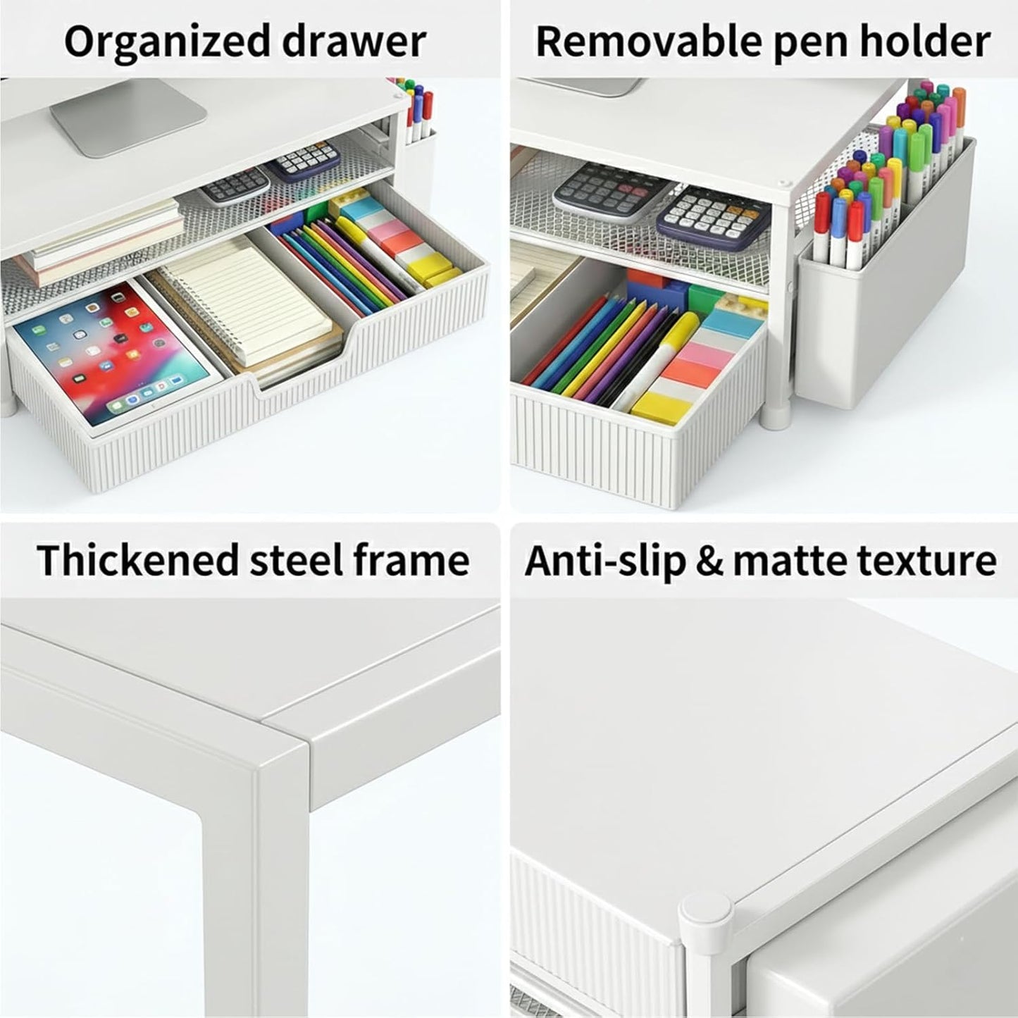 ECOLOVI Desk Organizer and Accessories, 2-Tier Computer Monitor Stand Rise with Storage Drawer & 2 Pen Holders, Laptop & Printer Stand for Desktop, Workspace Organizers for Office Supplies (Blue)
