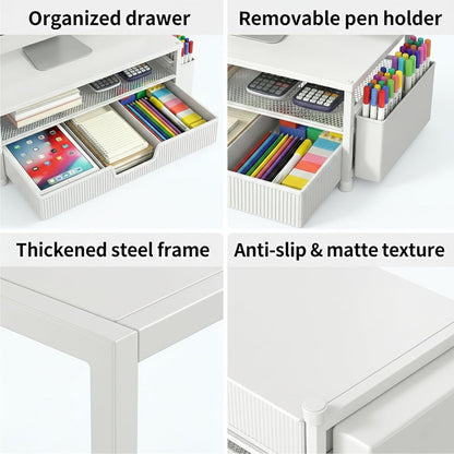 ECOLOVI Desk Organizer and Accessories, 2-Tier Computer Monitor Stand Rise with Storage Drawer & 2 Pen Holders, Laptop & Printer Stand for Desktop, Workspace Organizers for Office Supplies (Blue)