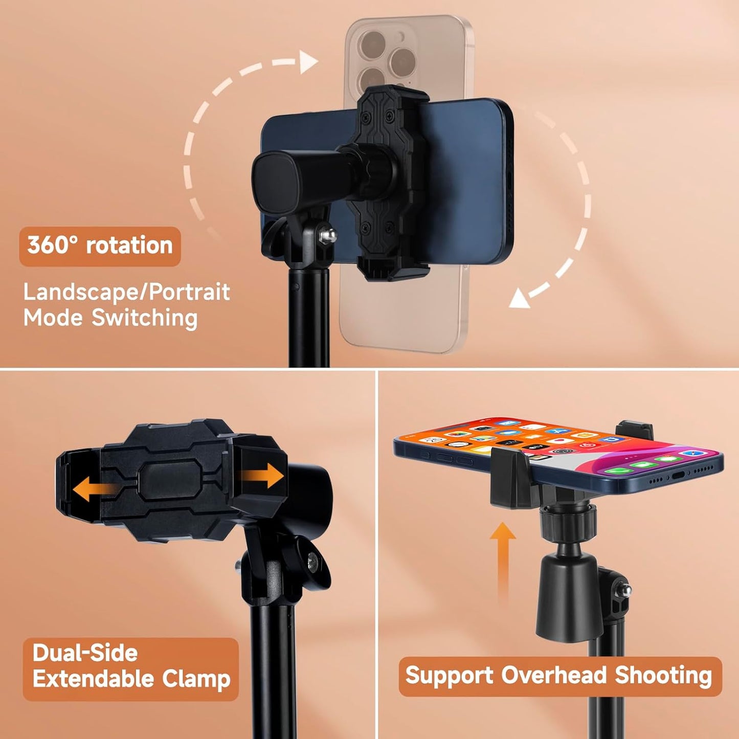 Adjustable Phone Stand for Desk with Clip Mount Live Streaming: 360° Rotatable Overhead Shot Holder with Sturdy Metal Base, Compatible with TikTok, YouTube, Zoom Video Recording (White)