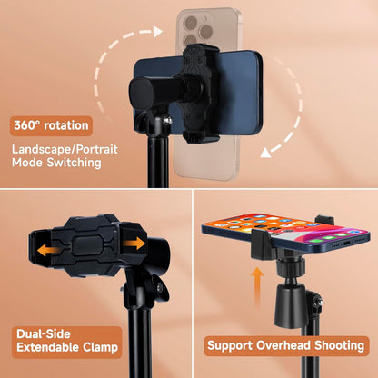 Adjustable Phone Stand for Desk with Clip Mount Live Streaming: 360° Rotatable Overhead Shot Holder with Sturdy Metal Base, Compatible with TikTok, YouTube, Zoom Video Recording (White)