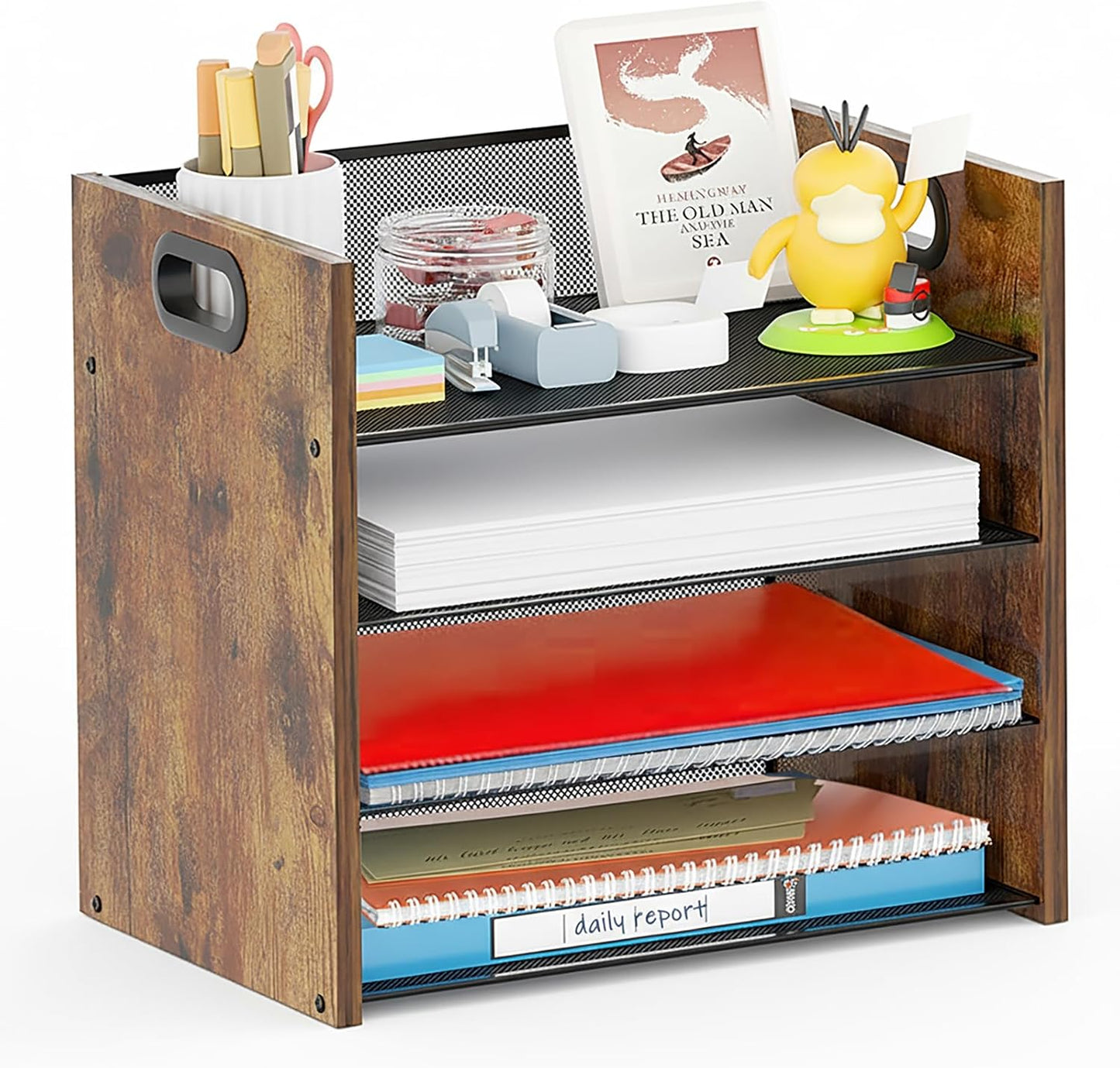 Wood Desk Organizer - 3-Tier Desktop File Organizer with Drawer, Wooden Paper Tray, Office Desk Organzier and Accessories for Papers, Mail, Notebooks, Stationery