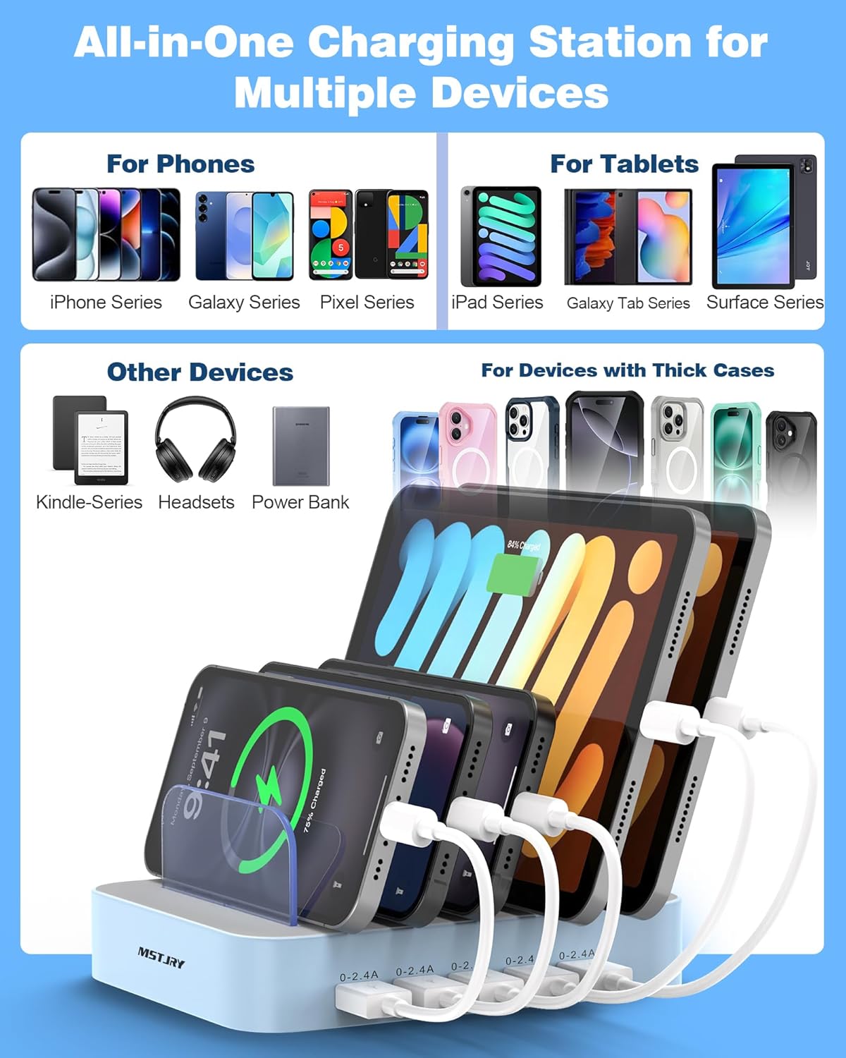 MSTJRY Charging Station for Multiple Devices : 5 Port Multi USB-A Charger Stations Multi-Device Organizer Charging Dock Designed for iPhone iPad Cell Phone Tablets (7 Short Cables Included)