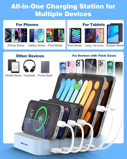 MSTJRY Charging Station for Multiple Devices : 5 Port Multi USB-A Charger Stations Multi-Device Organizer Charging Dock Designed for iPhone iPad Cell Phone Tablets (7 Short Cables Included)