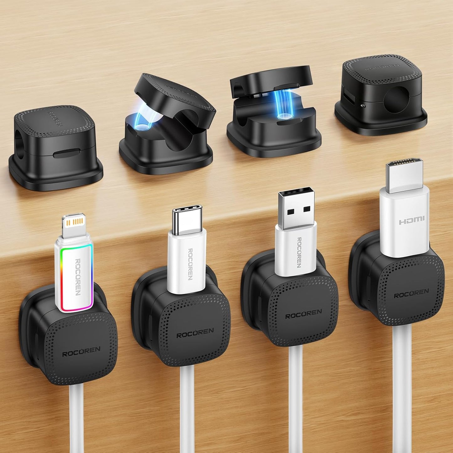 8 Pack Magnetic Cable Clips, Rocoren Under Desk Cord Holder Cable Management-1s Lock, Adhesive Cord Cable Clip Wire Holder Keeper Organizer for Phone Car Home Office Desk Wall Desktop Nightstand