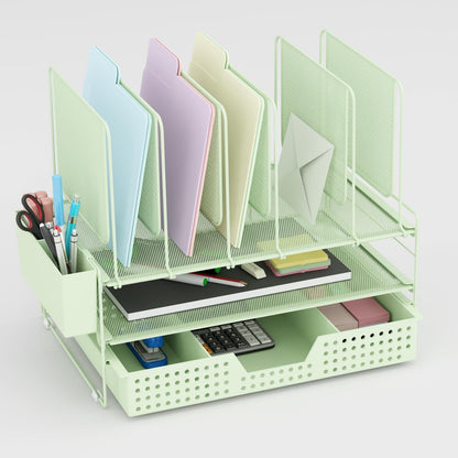 LEKETREE Desk Organizer, Office Organization with Vertical File Holder, File Organizer with Drawer and Pen Holder, Desk Accessories and Workspace Organizers for Home Office (Black)