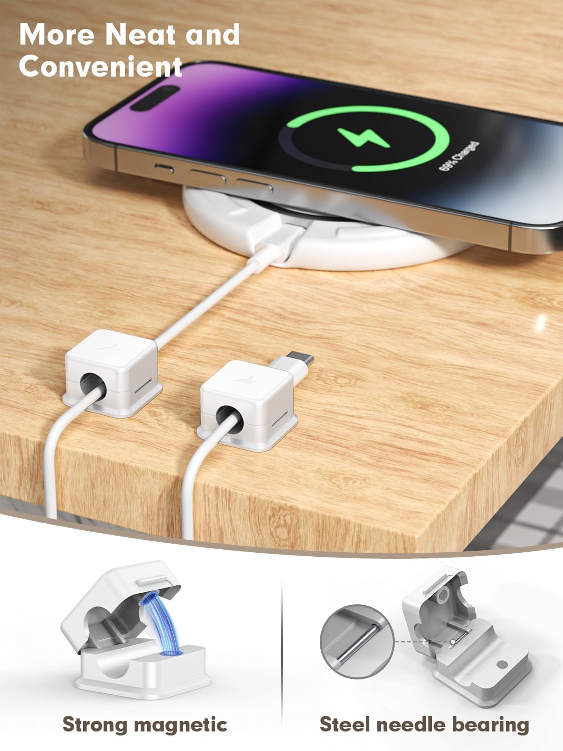 8 Pack Cord Organizer Magnetic Cable Clips Adhesive Cable Management Phone Wire Holder Keeper Organizer for Home Office Desk Car Nightstand, White