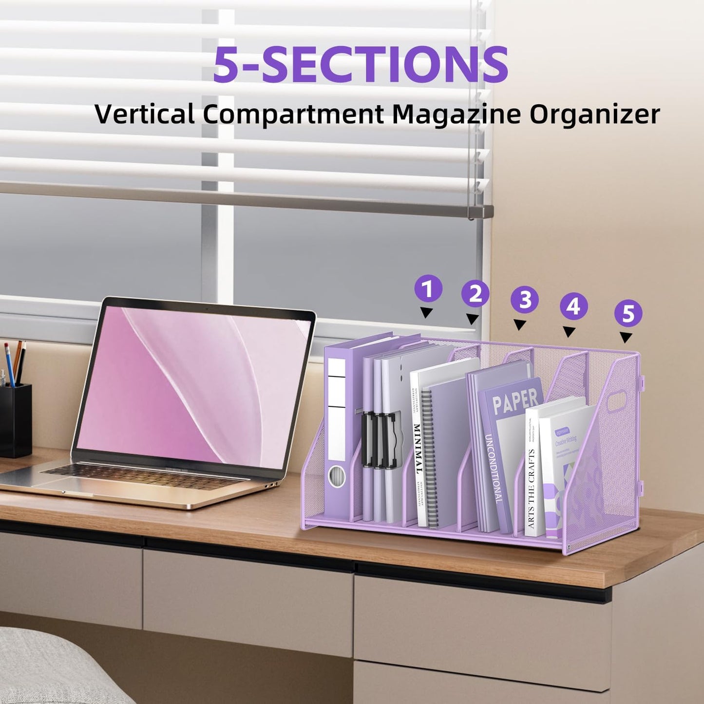 SUPEASY Binder Organizer, Magazine File Holder with 5 Vertical Compartments Rack, Metal Desk File Organizer & Binder Holders, Magazine Organizers for Office Desktop, Home, School, Classroom (Black)