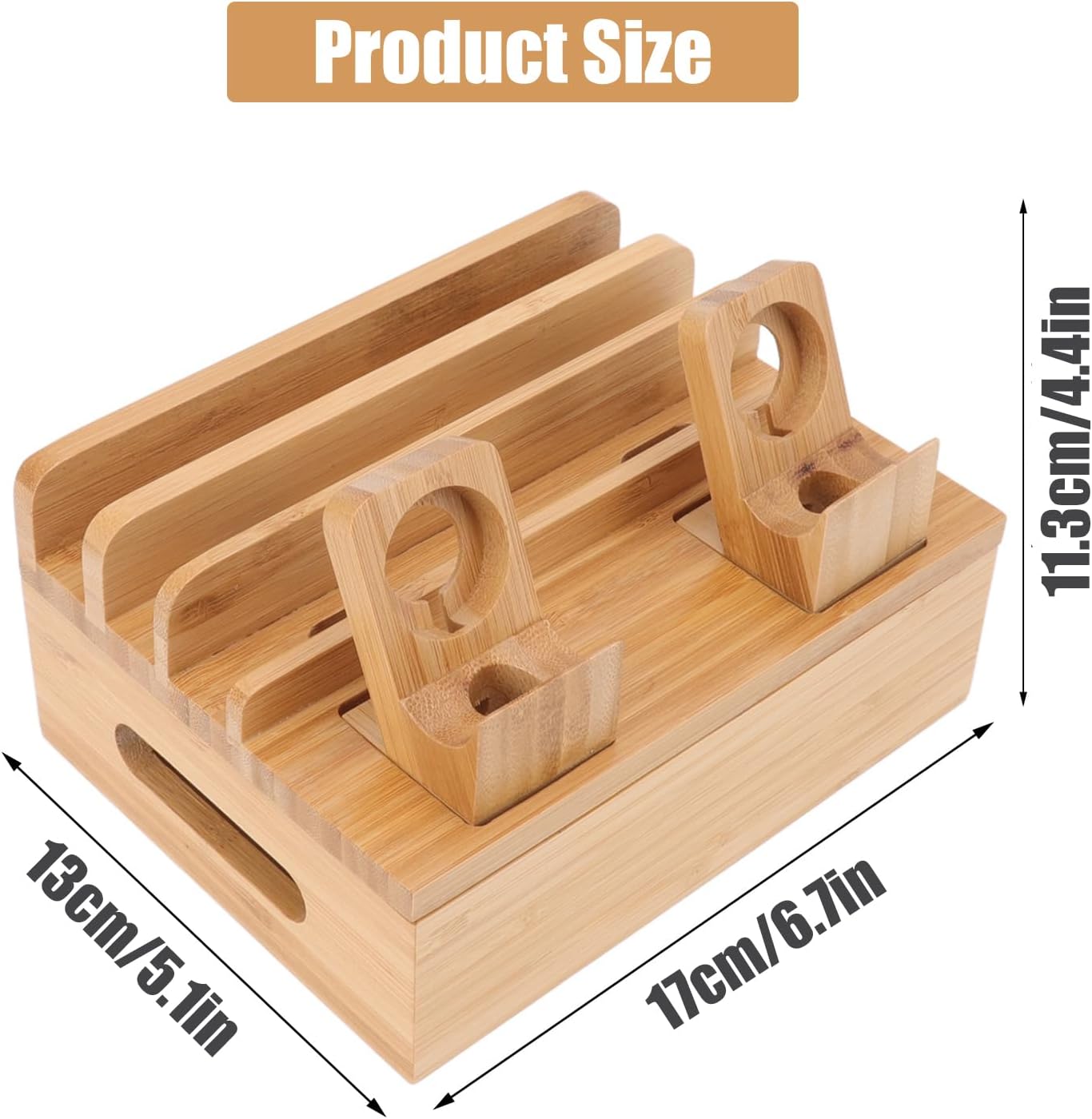 Wooden Charging Station for Multiple Devices - 5 Port USB Desktop Organizer with Watch Holder, Compatible with Phones Tablets Electronics (Black, 11.3x13x17cm/4.4x5.1x6.7in)
