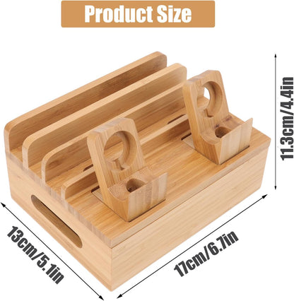 Wooden Charging Station for Multiple Devices - 5 Port USB Desktop Organizer with Watch Holder, Compatible with Phones Tablets Electronics (Black, 11.3x13x17cm/4.4x5.1x6.7in)