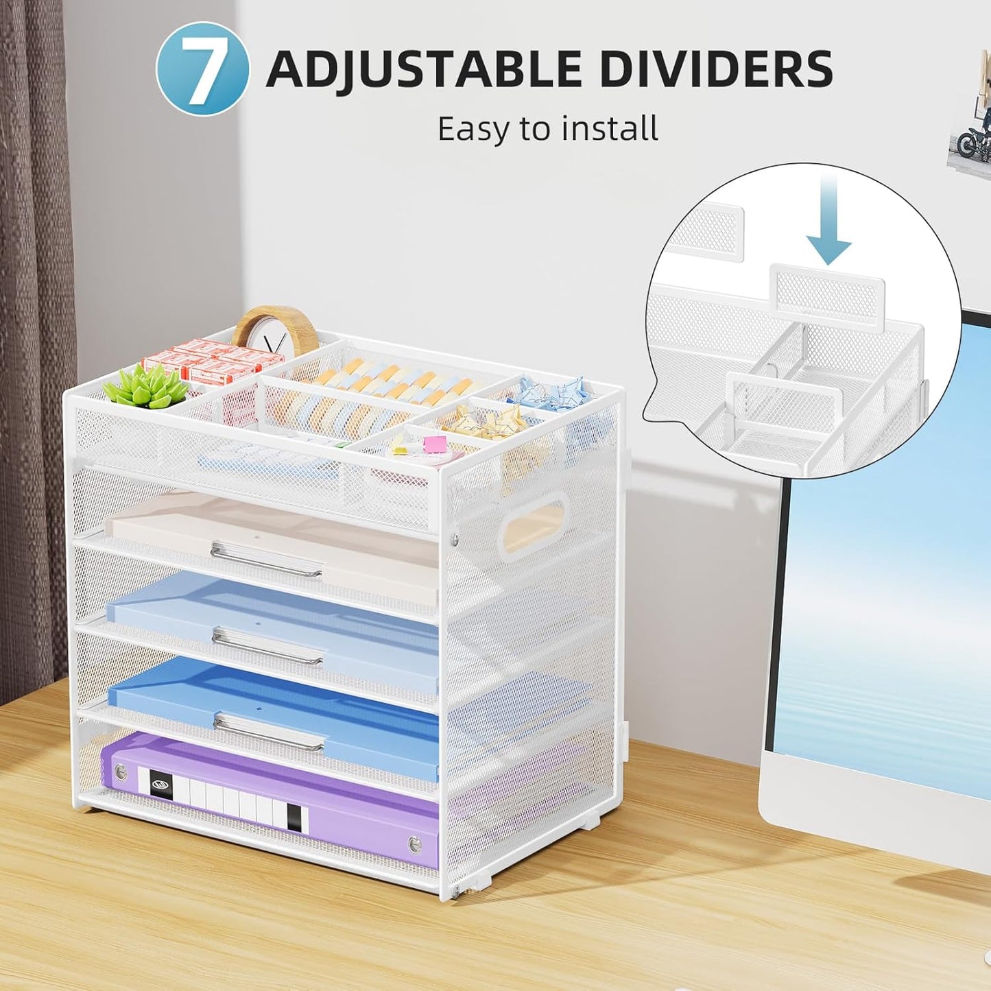 Marbrasse 5-Tier Letter Tray Paper Organizer with Handle, Multi-Functional Mesh File Organizer for Desk, Adjustable Compartments Mesh Desktop Storage for Office Supplies,Black