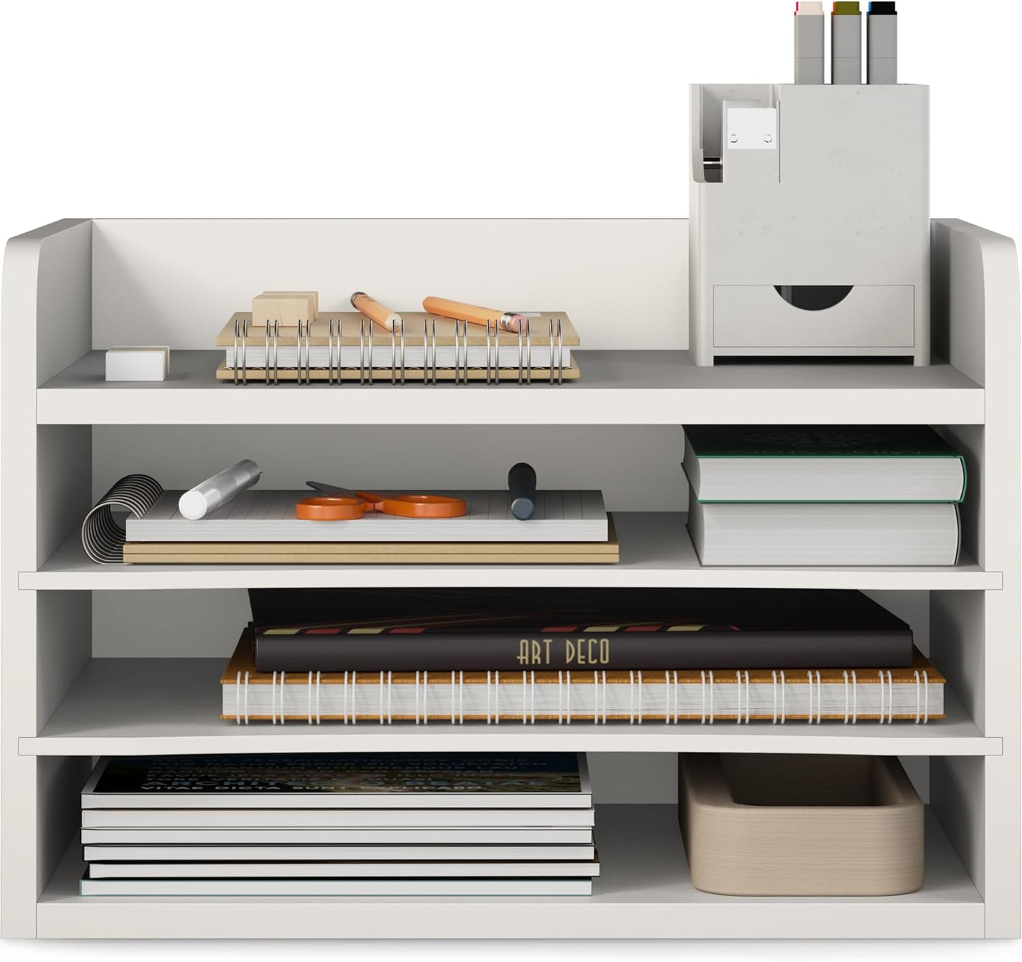 Ballucci 4-Tier Paper Organizer for Desk, Stackable Organizer Tray, Desk Storage Shelves, Stacking Letter Paper Tray Sorter for Classroom, Office, White