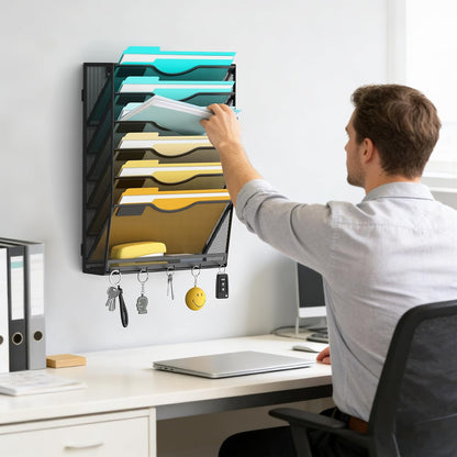 Delifox 7-Compartment Wall Mounted Hanging File Organizer Cubicle Wall File Holder Vertical Document Organizer for Office Home, Black