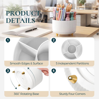 KONVINIT Pencil Pen Holder for Desk, 5 Slots 360 - Degree Rotating Desktop Organizer, Cute Desk Organizers and Accessories for School, Home, Office and Art Supply, Beige