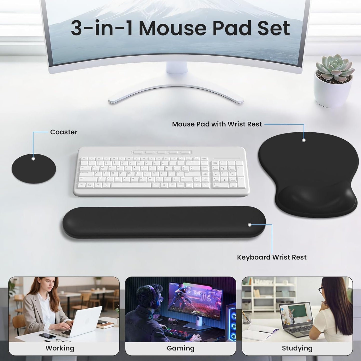 AKIT Ergonomic Mouse Pad and Keyboard Wrist Rest Set, Gel Memory Foam Wrist Rest with Non-Slip Base, 3-in-1 Mousepad Set for Pain Relief, Desk Accessories for Gaming, Home, Office(Black)