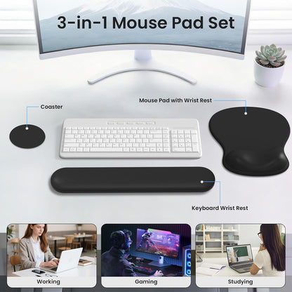 AKIT Ergonomic Mouse Pad and Keyboard Wrist Rest Set, Gel Memory Foam Wrist Rest with Non-Slip Base, 3-in-1 Mousepad Set for Pain Relief, Desk Accessories for Gaming, Home, Office(Black)