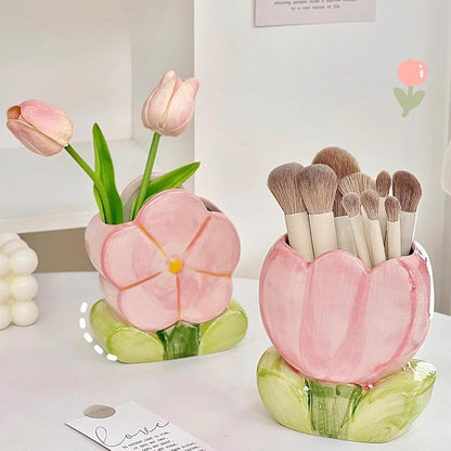 Red Makeup Brush Holder Pen Holder Office Desk Accessories Aesthetic Pencil Holders Cute Toothbrush Holders Flower Home Decor Vase Birthday Gifts for Women Vanity Kawaii Kitchen Utensil Holder