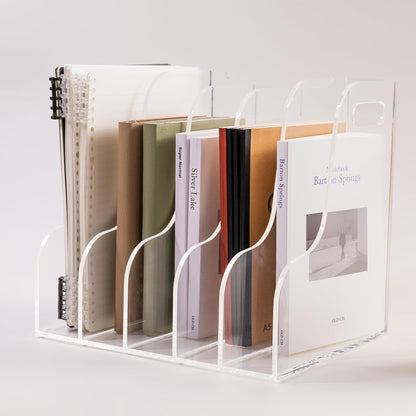 Clear Acrylic Organizers - 5 Vertical Compartments Acrylic Folder Organizer & File Organizer, Desk Document Storage Bins for Magazines, Binders - Multipurpose Home Office Desk Organizer