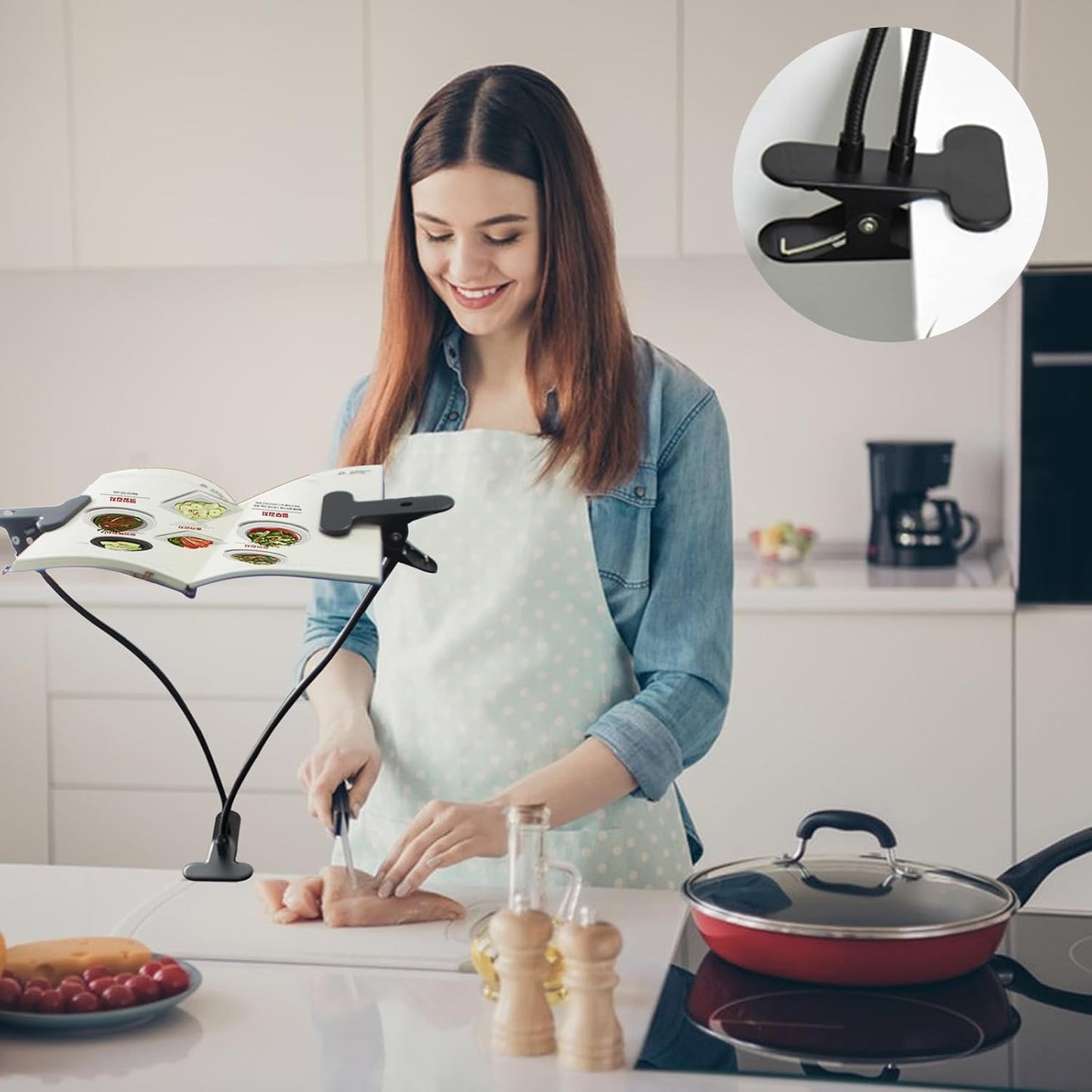 Book Stand for Reading, Recipe Book Holder with Flexible Hose and 2 Metal Clamp, Height Adjustable Book Holder for Desk Bendable Cooking Bookstand for Textbook, Music Books, Tablet, pad