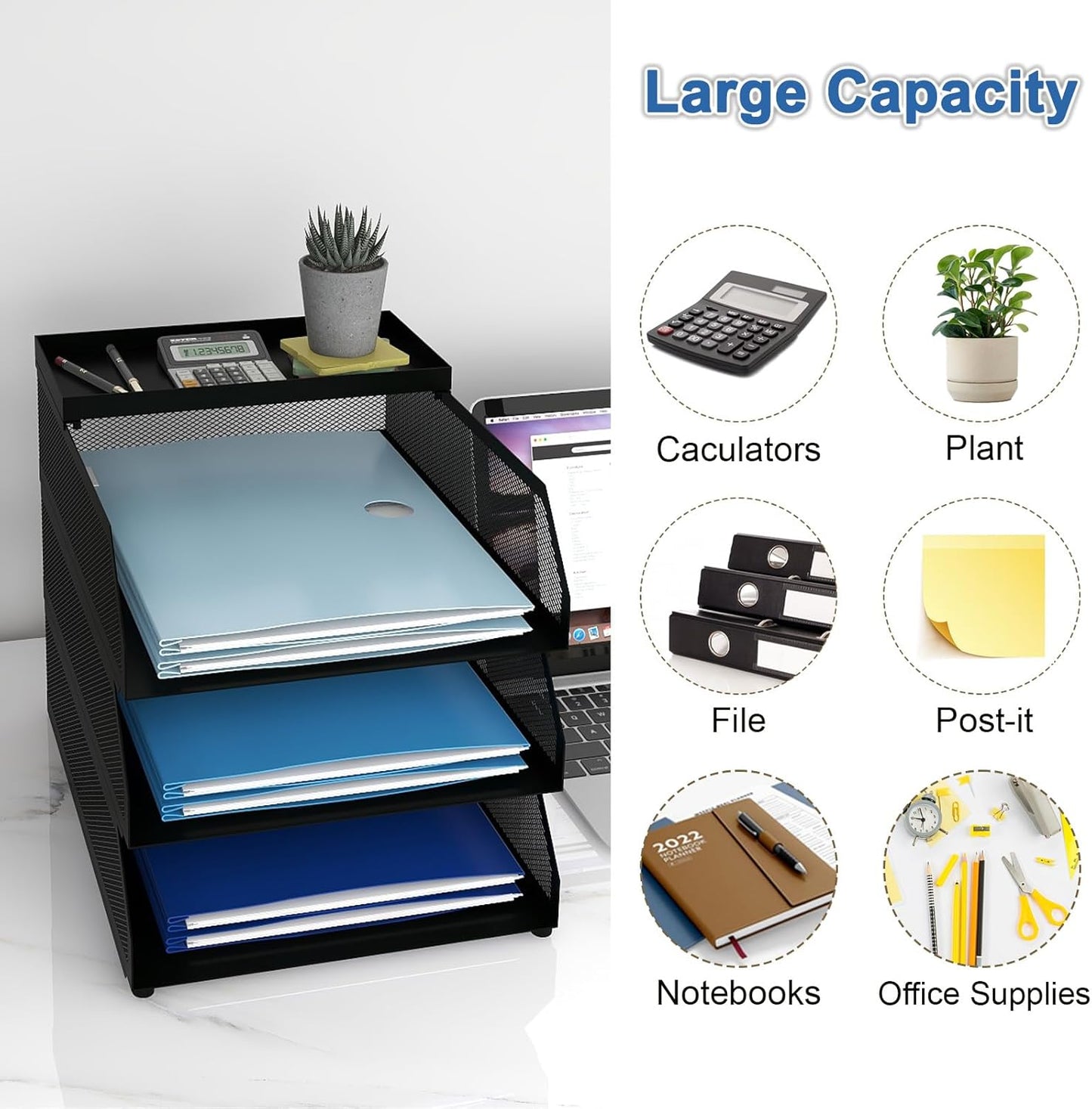Natwind 4-Tier Paper Organizers,Desk Organizer,Stackable Paper Tray, Desk Accessories,Metal Mesh Desktop Organizer,Letter Trays,File Document Storage Rack for for Home, Office, School (Black)