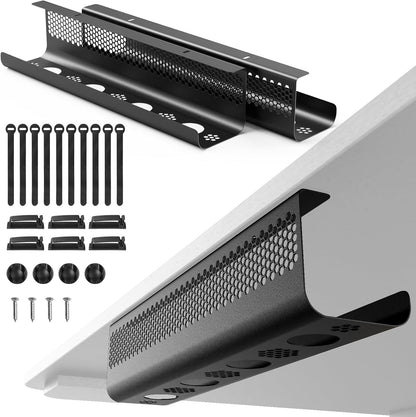 KHAMAL Cable Management Under Desk 26PCS - Cable Management Tray Kit Ventilated Hexagonal Design with Cable Clips, Wire Ties, Cord Holder & Screws for Office, Home - 2 White Sets