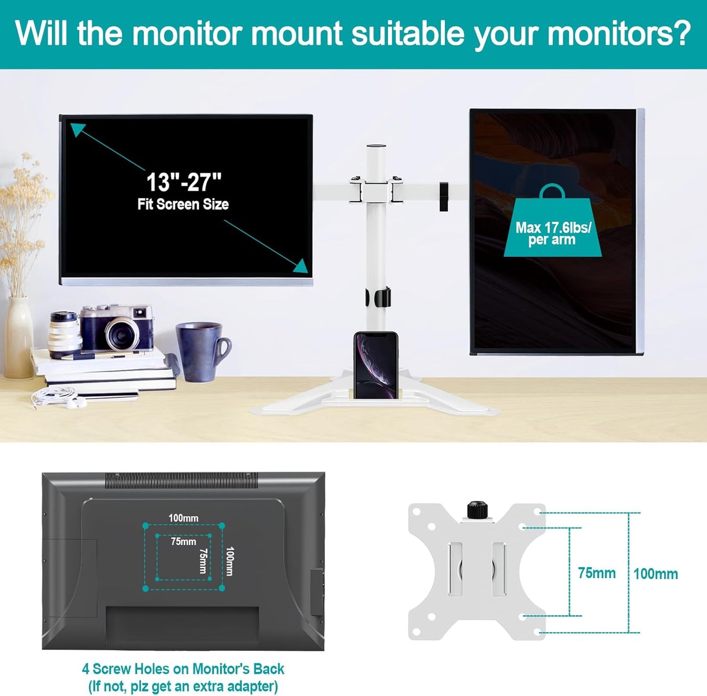 MOUNT PRO Single Monitor Stands Fits 13-32 inch/17.6 lbs Screen, Free-Standing Computer Monitor Mount for Desk, Display Standing with Adjustable Height/Tilt/Swivel/Rotation, VESA 75x75 100x100