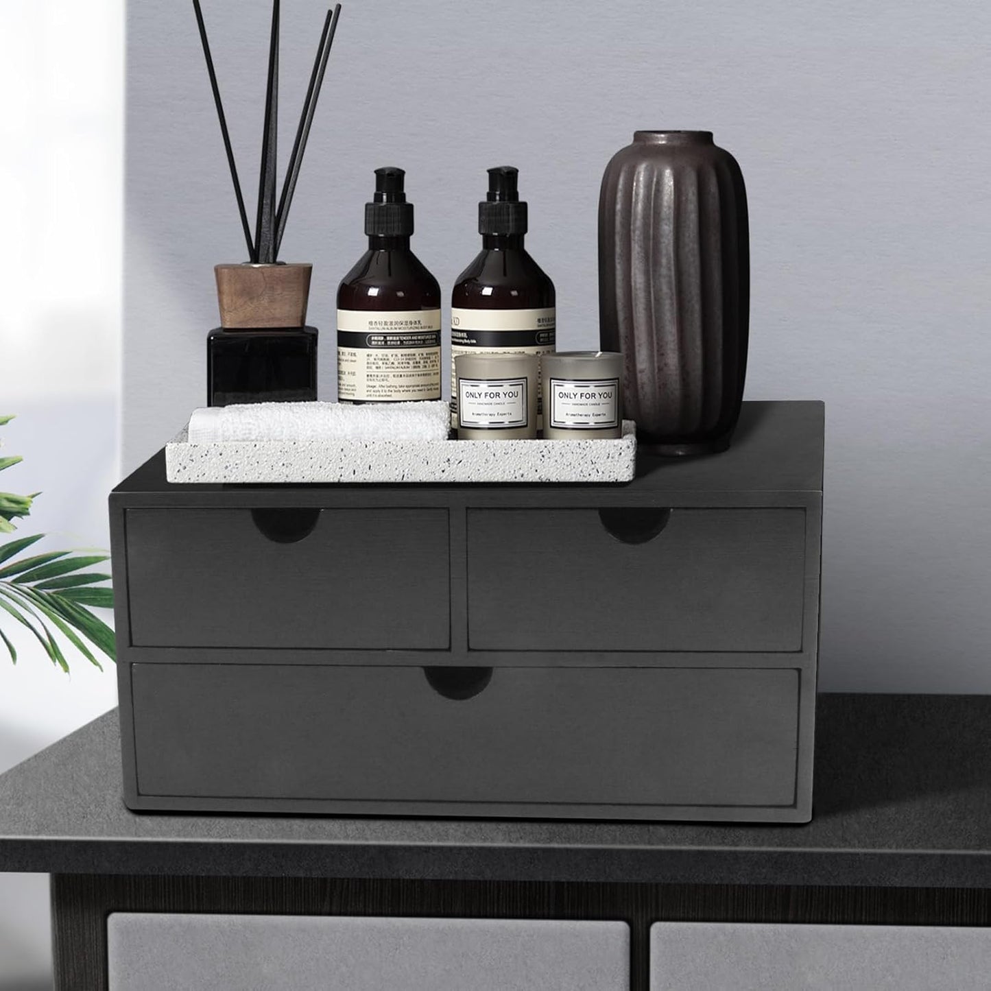 Charmewooden Bamboo Desk Organizer 3 Drawer with Shelf, Countertop Organizer with Drawers Makeup Storage Drawer 3 Drawers Tabletop Storage Organization Box Home Office Workspace（White）
