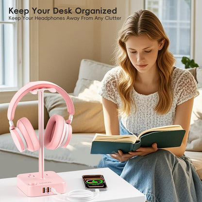 COZOO Headphone Stand with USB Charger Desktop Gaming Headset Holder Hanger with 3 USB Charging Station and 2 Outlets Power Strip,Suitable for Gaming, DJ,Wireless Earphone Display, Gamer Gifts for Men