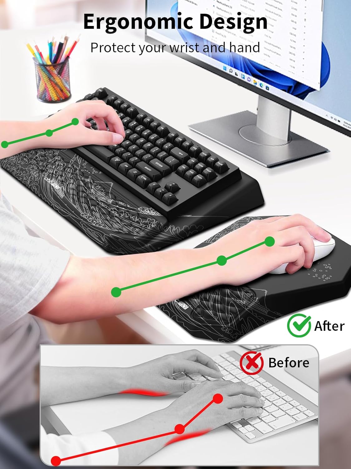 3-in-1 Ergonomic Keyboard Stand with Wrist Rest & Mouse Pad Set, Comfy Keyboard Riser Holder Soft Mousepad with Massage Design, Memory Foam and Non-Slip PU Base for Pain Relief, Black