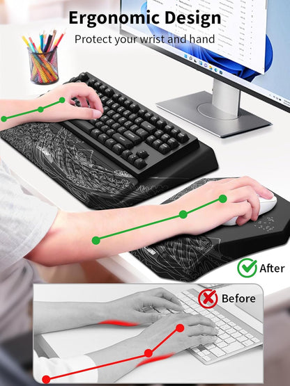 3-in-1 Ergonomic Keyboard Stand with Wrist Rest & Mouse Pad Set, Comfy Keyboard Riser Holder Soft Mousepad with Massage Design, Memory Foam and Non-Slip PU Base for Pain Relief, Black