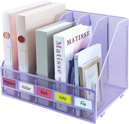 Desk Organizers, Metal Magazine File Holder with 5 Vertical Compartments Rack Binder File Organizer for Office Supplies, Home Workspace - Black