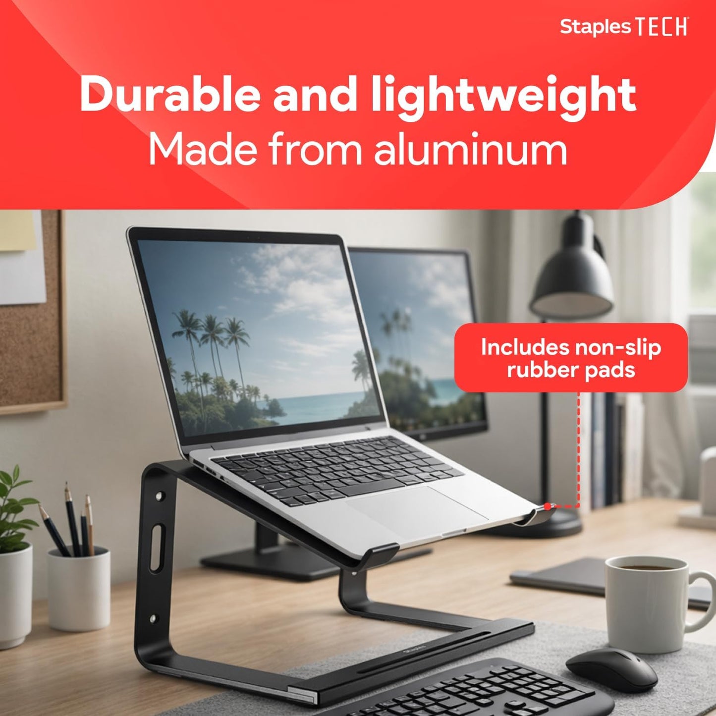 Staples TECH Aluminum Laptop Stand, Black, 11.2” x 10.2”, Ergonomic Cooling Riser for Notebook/MacBook/PC