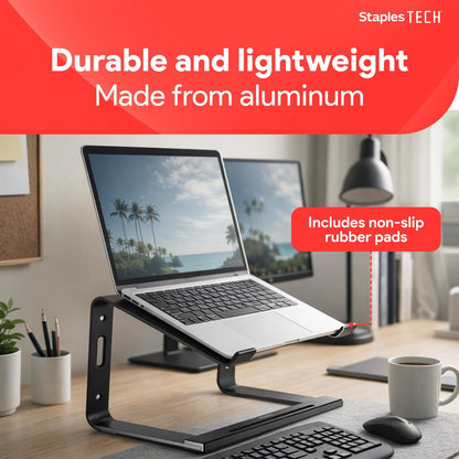 Staples TECH Aluminum Laptop Stand, Black, 11.2” x 10.2”, Ergonomic Cooling Riser for Notebook/MacBook/PC
