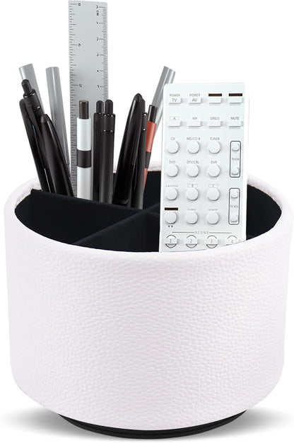 Hennaja Round Leather Art Supply Organizer,Remote Control Holder,360 Degree Rotating,Multi-Functional Pencil Holder,4 Compartments Desktop Stationary Organizer(1-Blue Bird) - Colors A