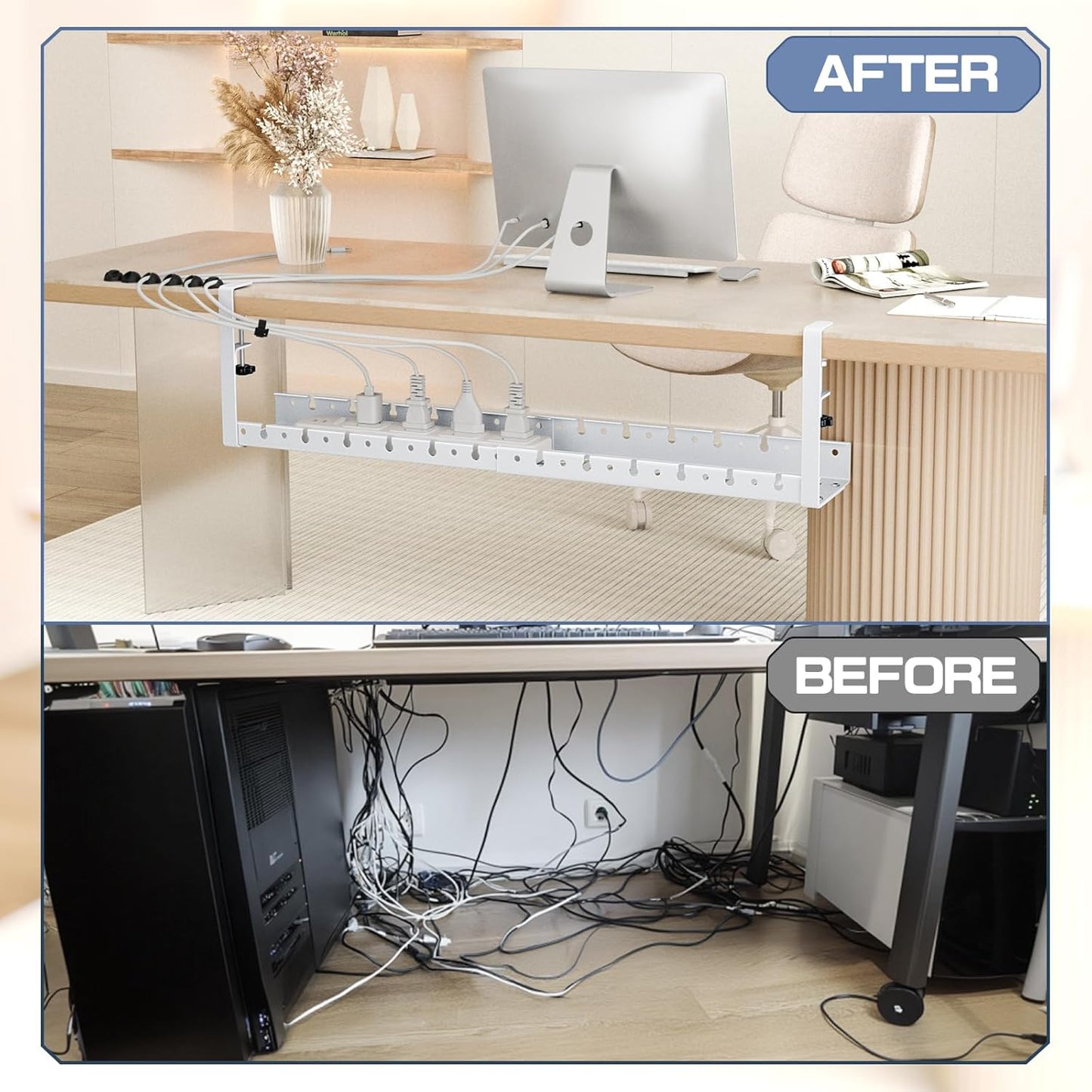 Shikha Cable Management Under Desk, 15.7"-31" Retractable Cable Management Tray, No Drilling Cord Organizer with Clamp for Desk, Under Table Wire Management Tray for Home Office -White