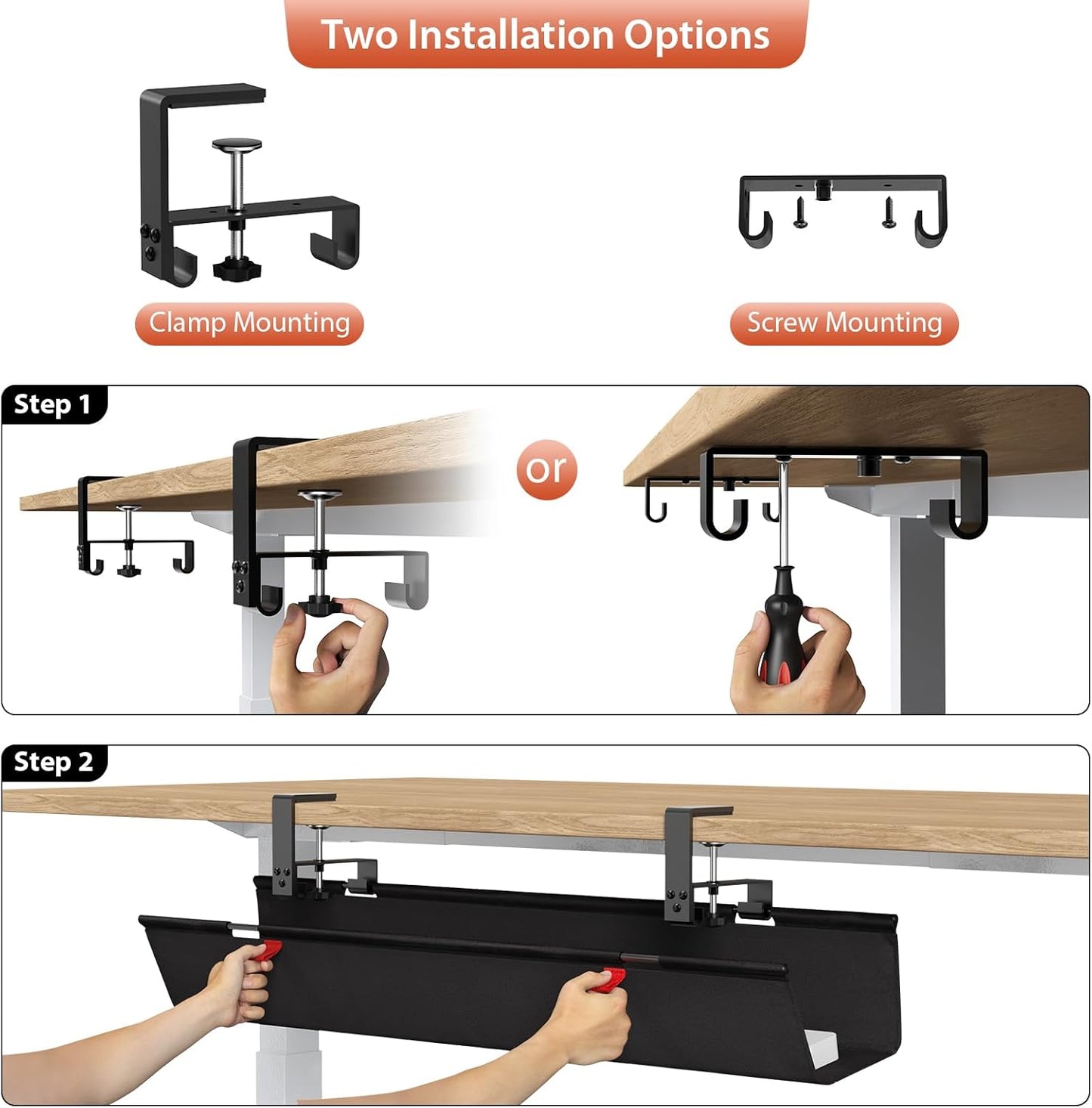 Univivi No Drill Under Desk Cable Management Tray, 36" Cord Organizer for Table, Clamp/Screw Mount Desk Cable Management, Premium Fabric Cable Management Tray for Office, Home