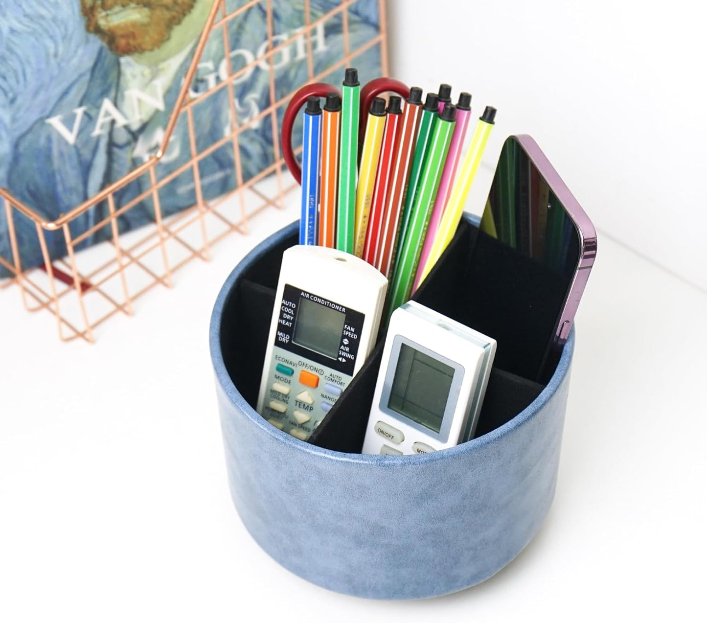 Hennaja Round Leather Art Supply Organizer,Remote Control Holder,360 Degree Rotating,Multi-Functional Pencil Holder,4 Compartments Desktop Stationary Organizer(1-Blue Bird) - Colors A