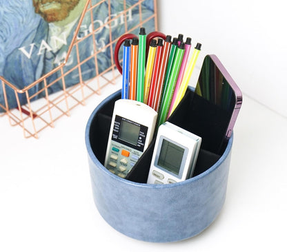 Hennaja Round Leather Art Supply Organizer,Remote Control Holder,360 Degree Rotating,Multi-Functional Pencil Holder,4 Compartments Desktop Stationary Organizer(1-Blue Bird) - Colors A