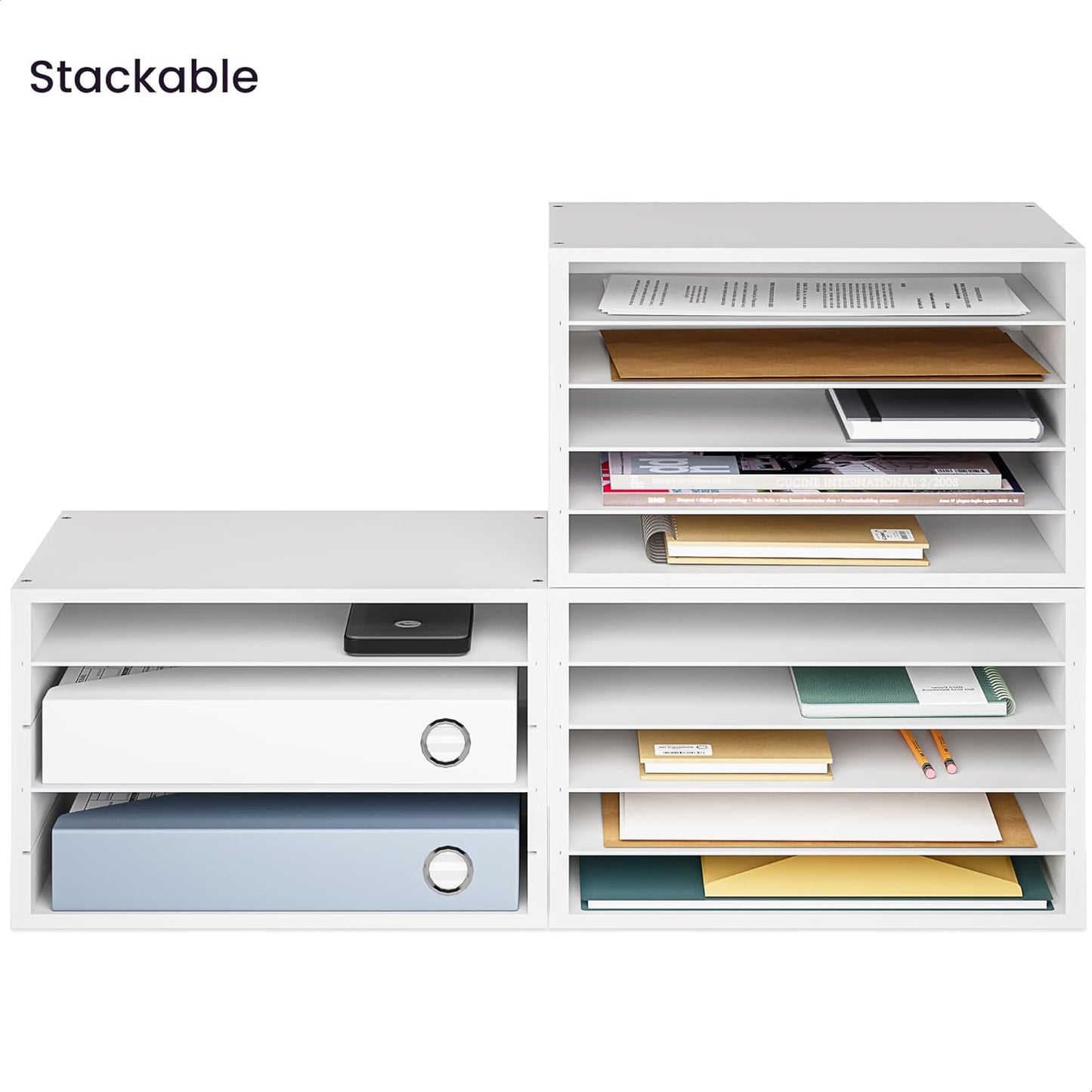 Ballucci 4-Tier Paper Organizer for Desk, Stackable Organizer Tray, Desk Storage Shelves, Stacking Letter Paper Tray Sorter for Classroom, Office, White