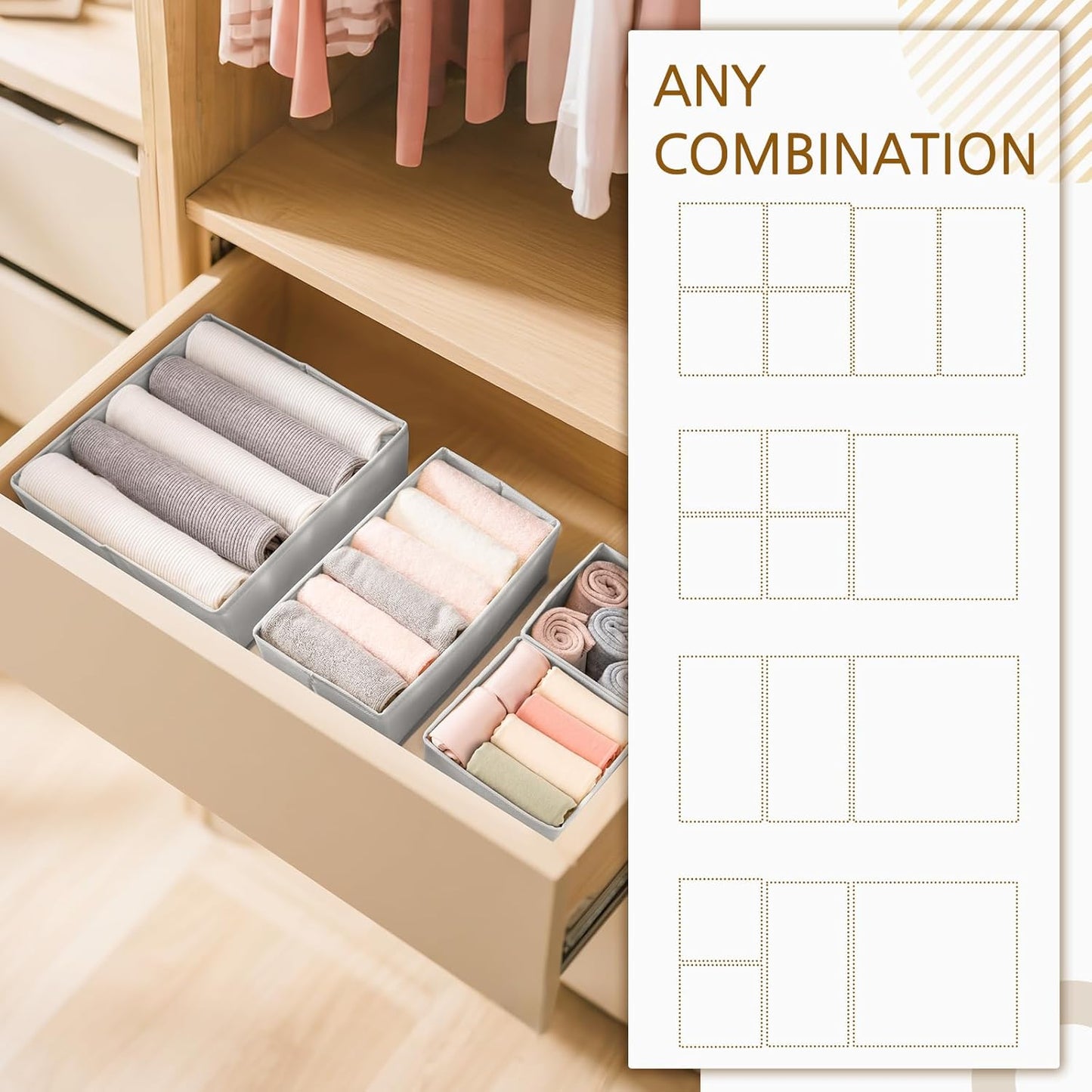 Criusia 15 Pack Drawer Organizer for Clothes, Foldable Dresser Dividers with 3 Sizes, Fabric Storage Bins – Beige