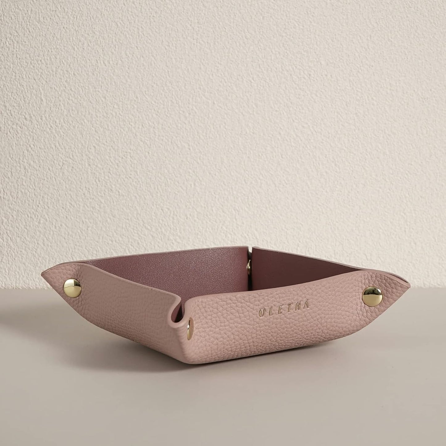 OLETHA Small Foldable Valet Tray - Aesthetic Desk Organizer for Home, Office & Travel - Portable Catch All Bowl for Keys, Scrunchie & Jewelry - Rattan Textured, Beige