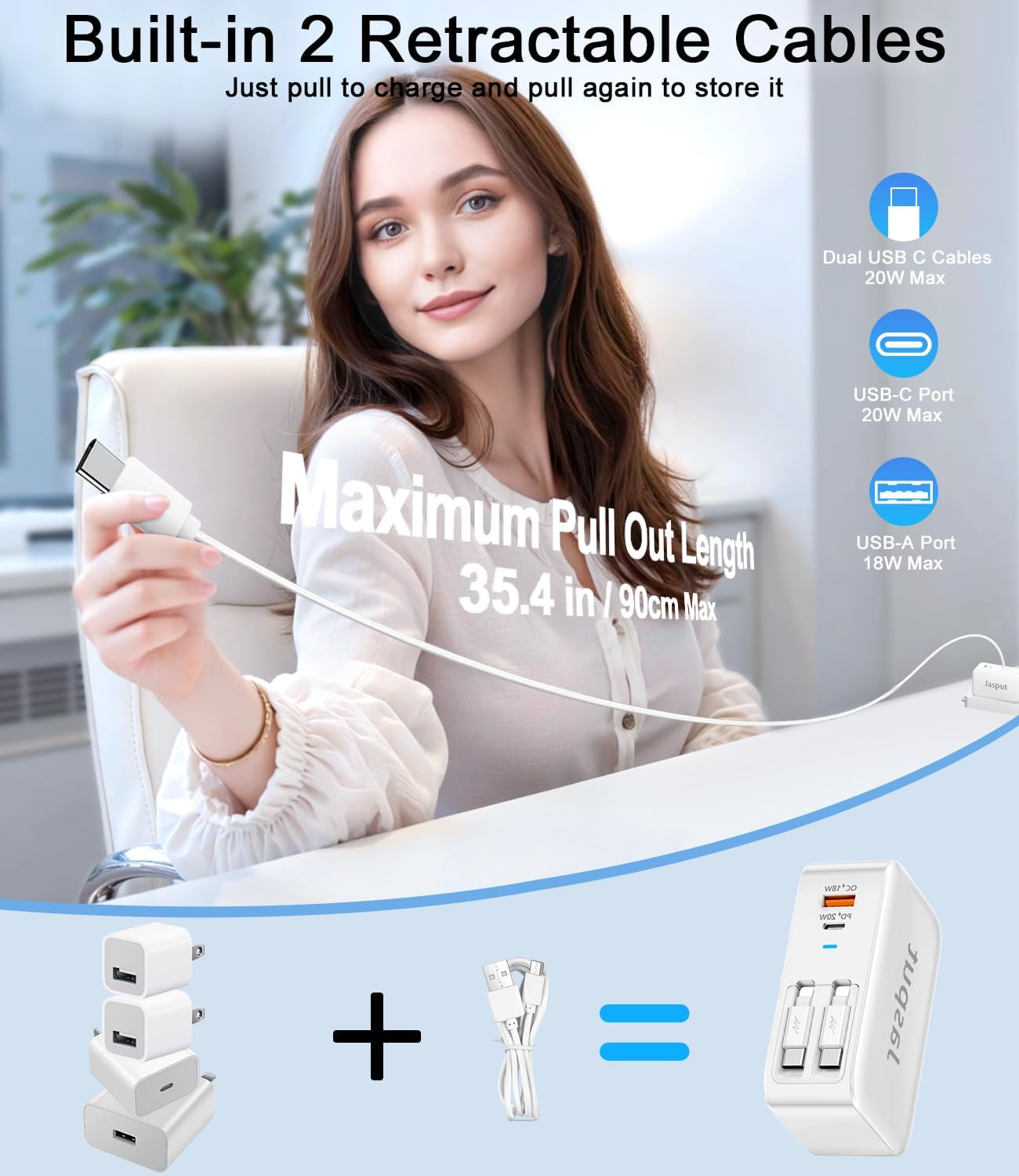 4 in 1 Retractable Wall Charger with Dual Cables,40W Retractable Phone Charger Wall Plug with Dual USB Ports,20W USB C Chargers Block Fast Charging for iPhone 17 16 15 14 13,LG, Galaxy S24 23,Pixel