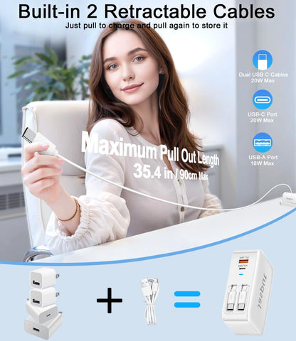 4 in 1 Retractable Wall Charger with Dual Cables,40W Retractable Phone Charger Wall Plug with Dual USB Ports,20W USB C Chargers Block Fast Charging for iPhone 17 16 15 14 13,LG, Galaxy S24 23,Pixel