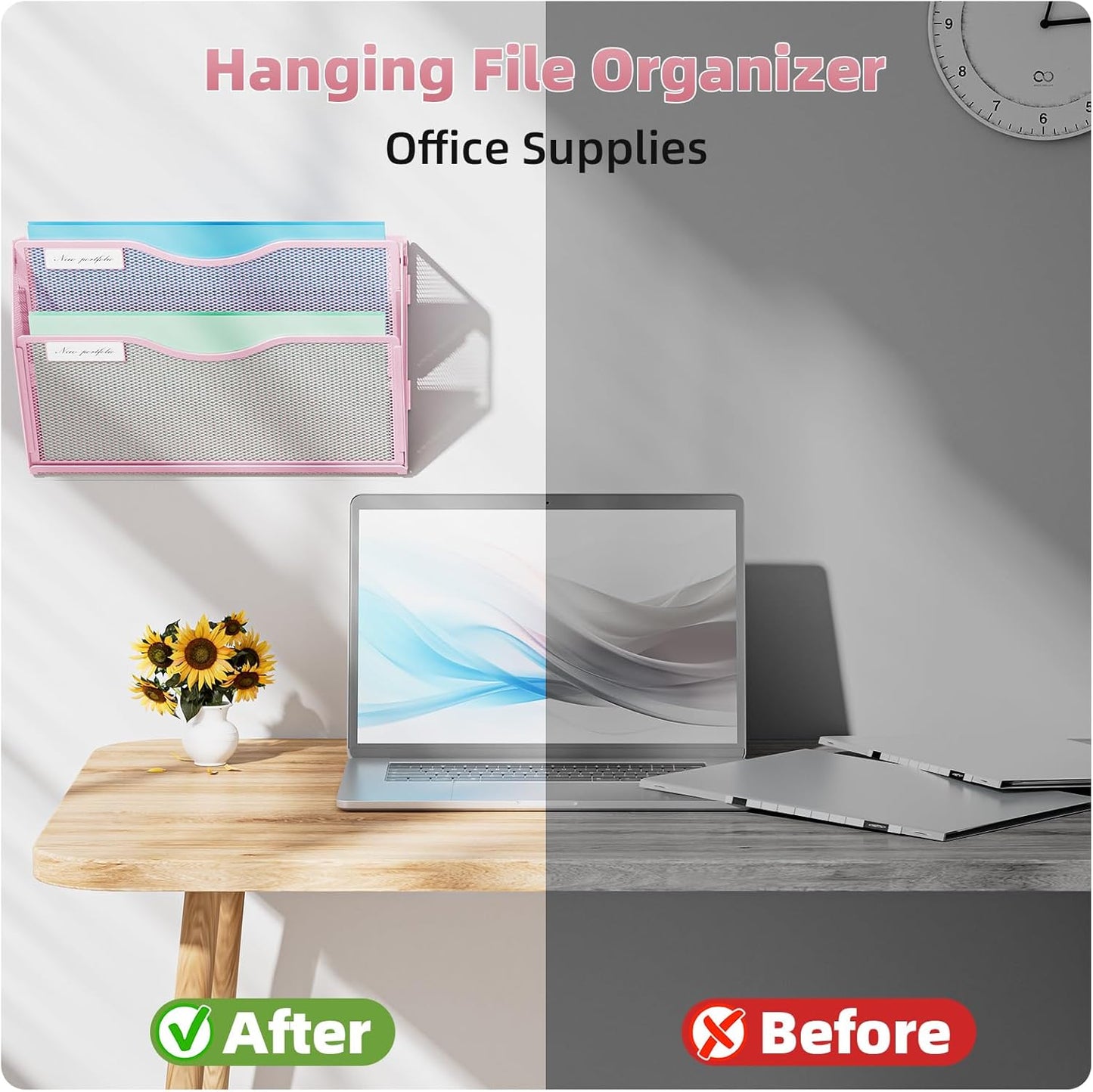 Marbrasse Wall File Holder 2-Tier Hanging Wall File Organizer, Mesh Mail Holder for Papers, Wall Mount File Clipboard & Magazine Organizer Great for Office Home (Black)