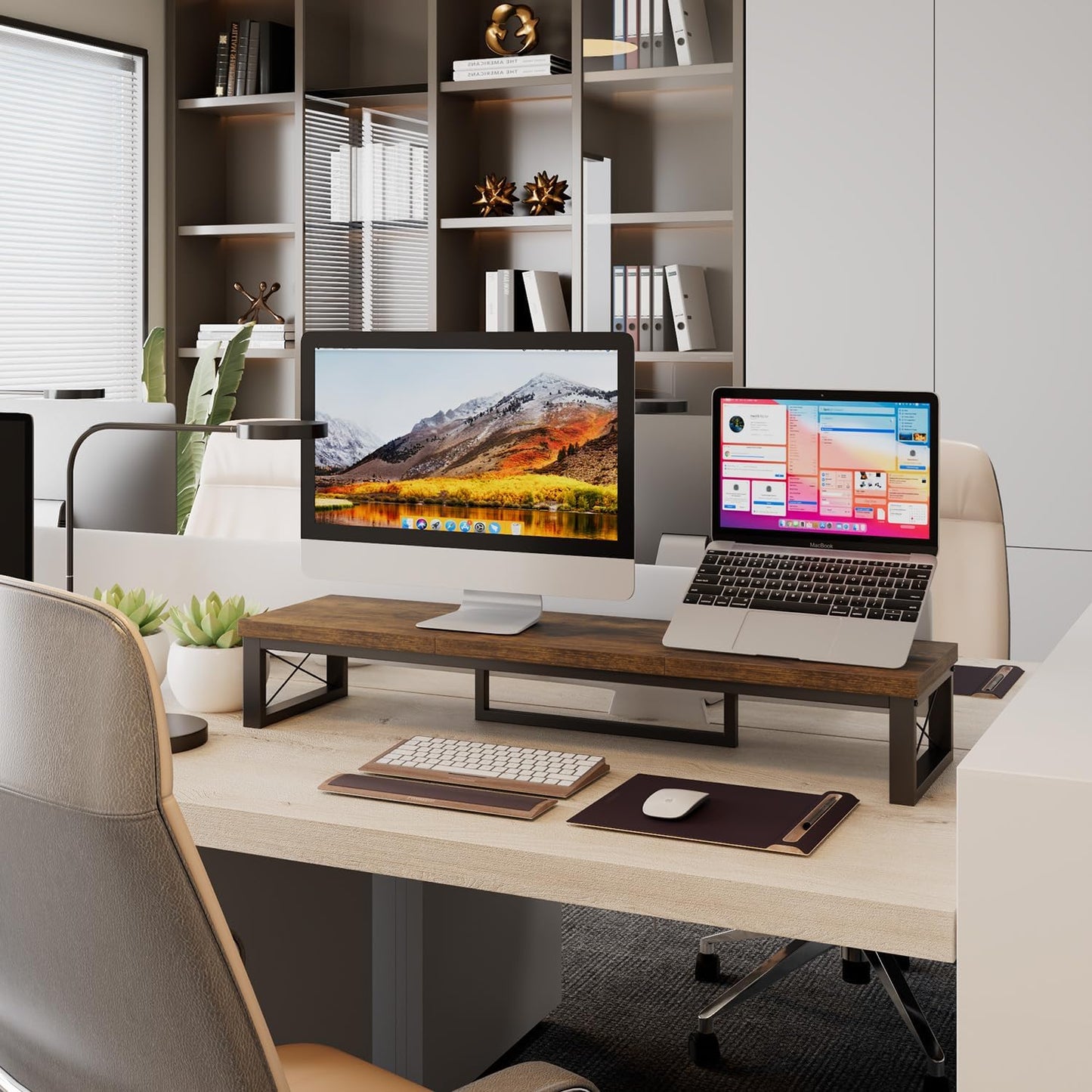 IBUYKE Large Dual Monitor Stand Riser for 2 Monitors, Wooden Desktop Computer Monitor Stand Storage Shelf and Steel Legs,Dual Screen Office Desk,Monitor Riser for Computer, Printer,Laptop,TV,Black UTDJ002B