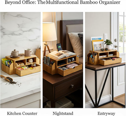 Hiceeden 2 Tier Bamboo Desktop Organizer, Desk Monitor Stand Riser with 1 Drawer and 2 Pen Holder, 2 Compartment Computer Desk Storage Organizer for Laptop, Printer