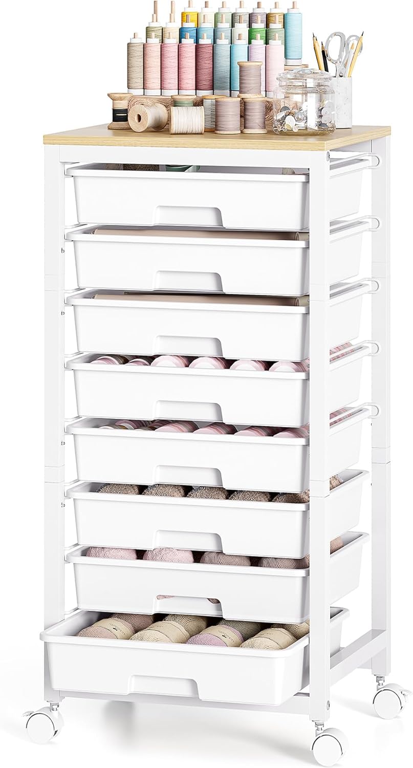 SYKIARIOL Rolling Storage Utility Cart with 6 Drawers and Wooden Tabletop for Under Desk Storage,White