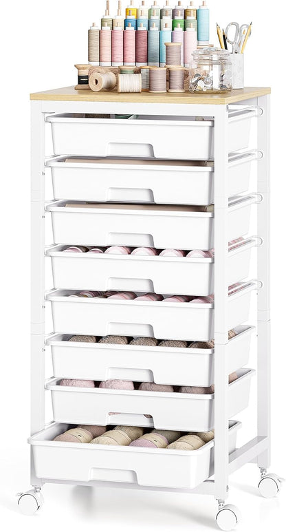 SYKIARIOL Rolling Storage Utility Cart with 6 Drawers and Wooden Tabletop for Under Desk Storage,White
