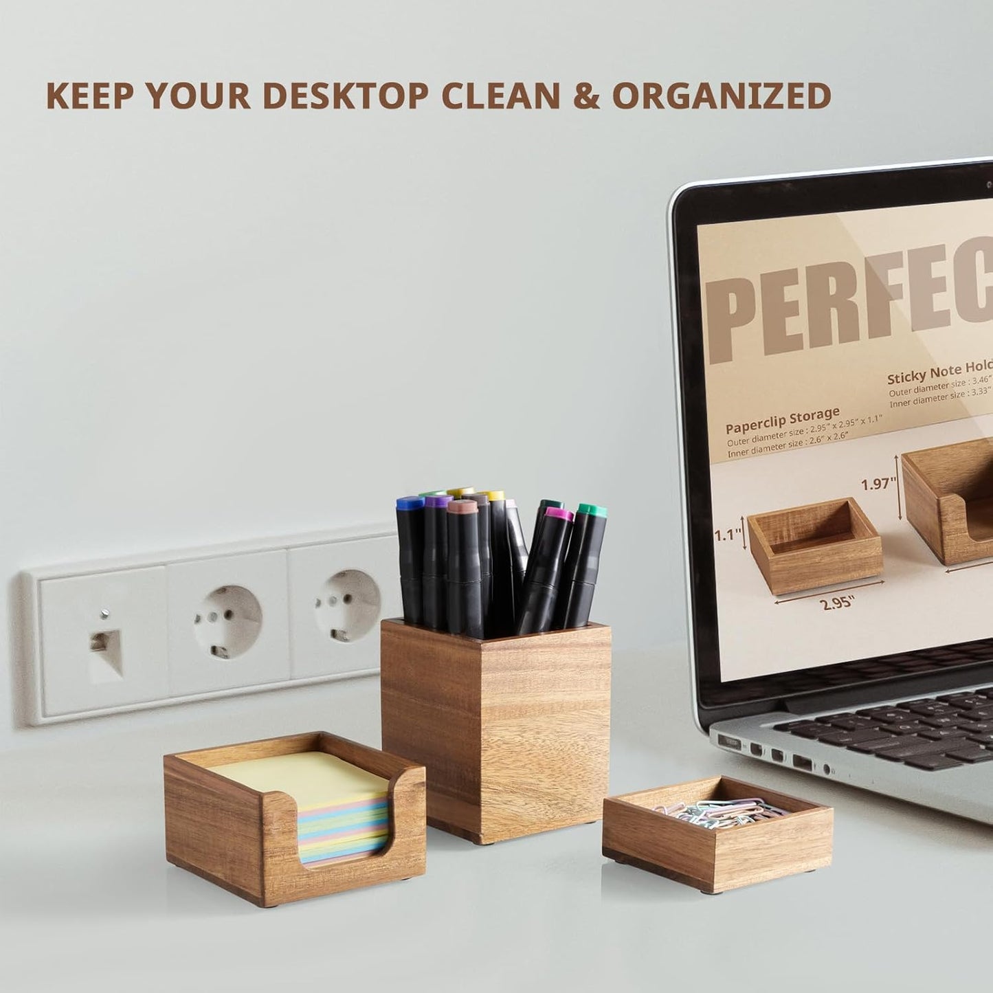 Desk Organizer Set of 3 - Bamboo Office Desk Accessories - Desk Organizers and Accessories for Women Men - Set incl. Pencil Pen Holder, Paperclip Storage and Sticky Note Holder